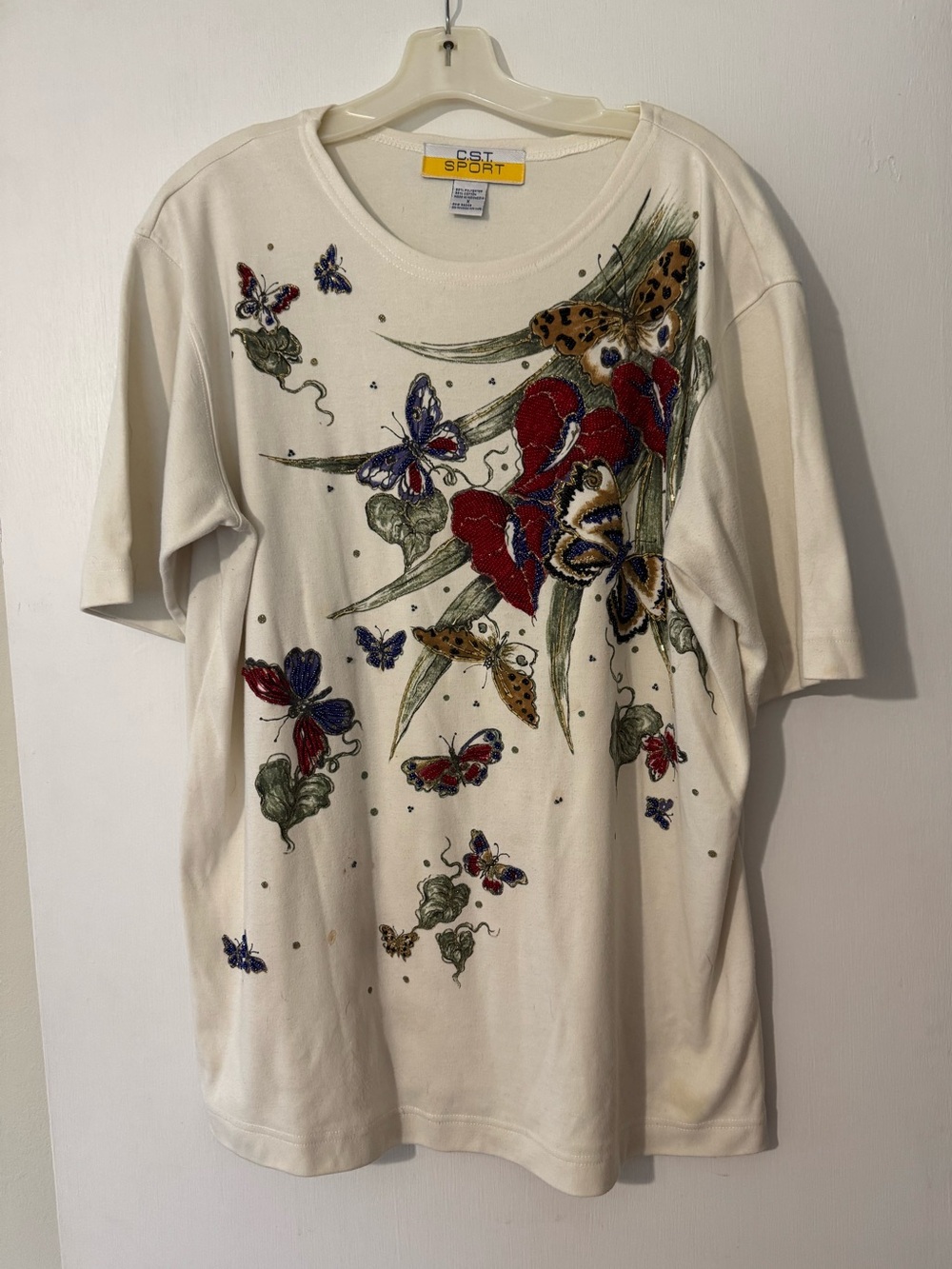 Cream Embroidered Butterfly & Floral Short Sleeve Tee - CST Sport - Size X